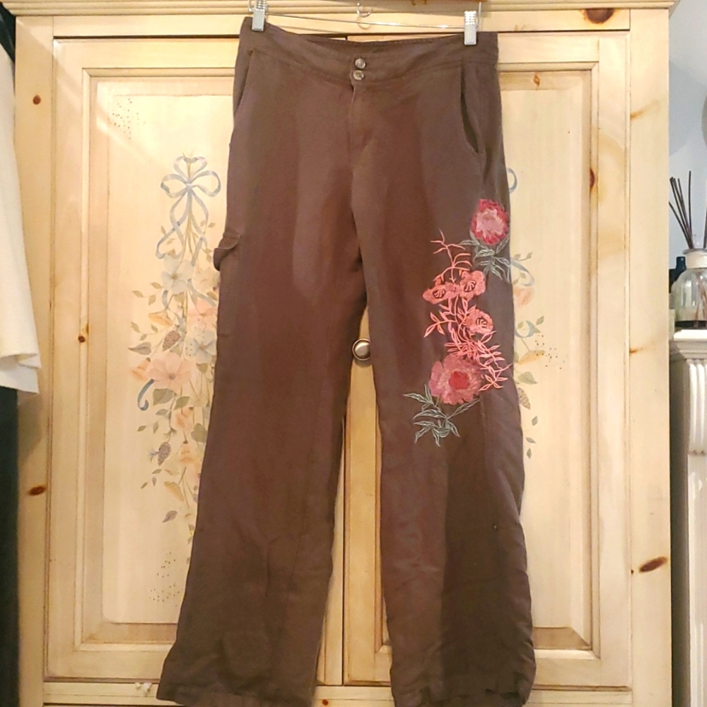 Pants Embroidery linen rayon Khaki ankle cropped